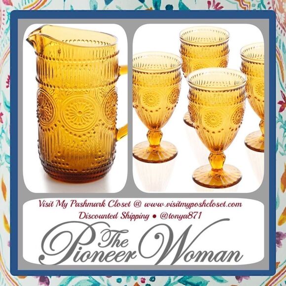 🦋♥️ RARE!! HTF!! Pioneer Woman Adeline Pitcher & 4 Glass Goblets Gift Set - Picture 4 of 12